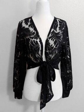 Amber Sky Black Gothic Semi Sheer Leaf Print Front Tie Blouse | Size S
